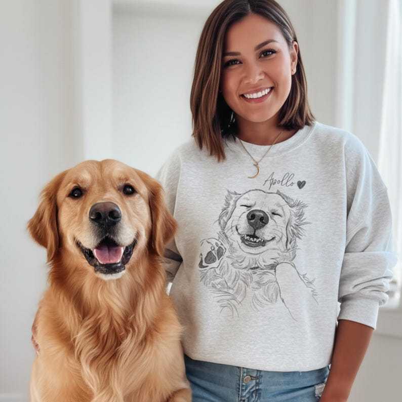 Personalized Pet Portrait from Photo, Custom Dog Cat Drawing Sweatshirt