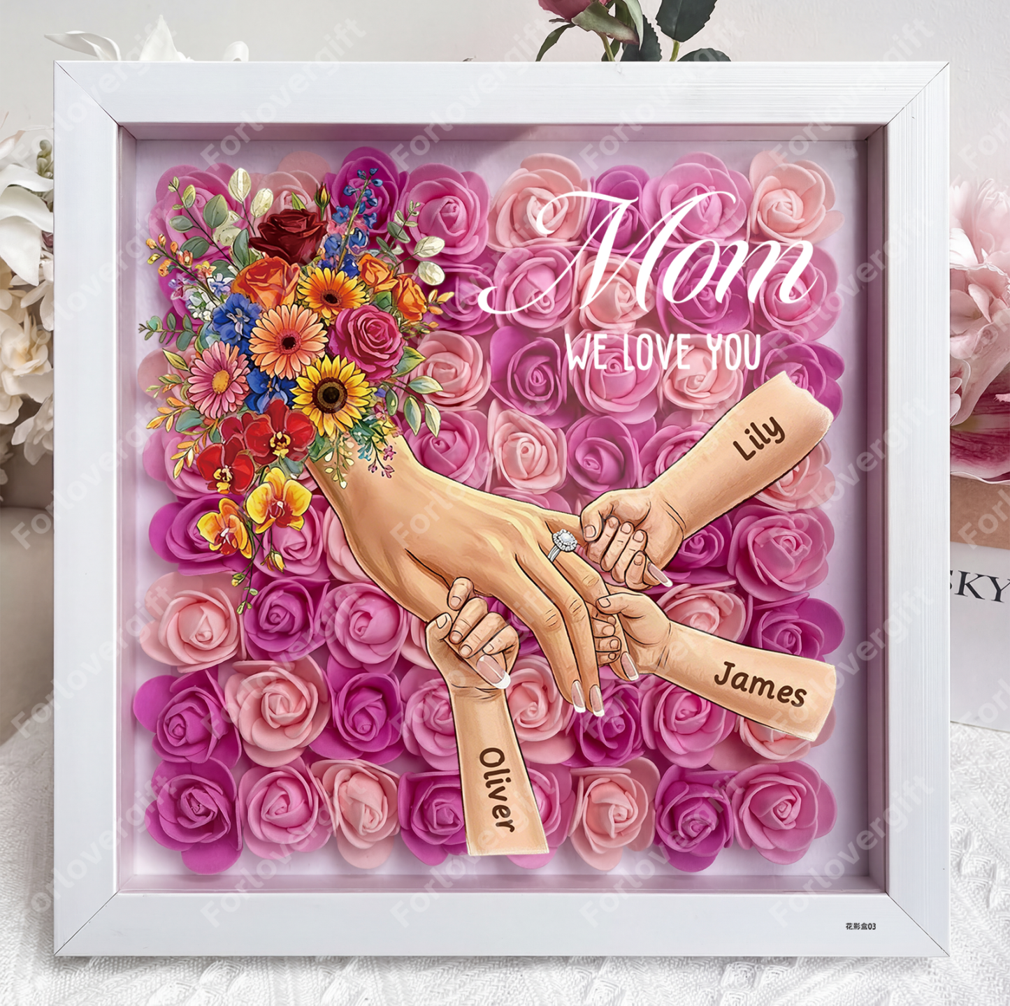 Personalized Mommy Holding Hands Shadow Box with Ring & Manicure – Custom Kids Names Floral Heart Frame, Premium Mother’s Day Gift
