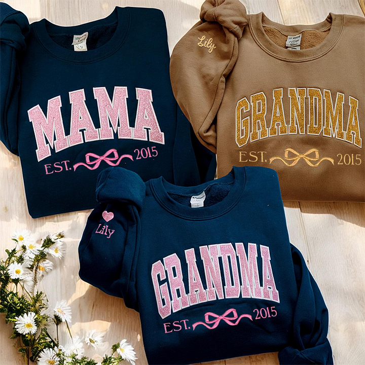 Personalized Mom Glitter Embroidered T-shirt &Sweatshirt With Bow Est Year