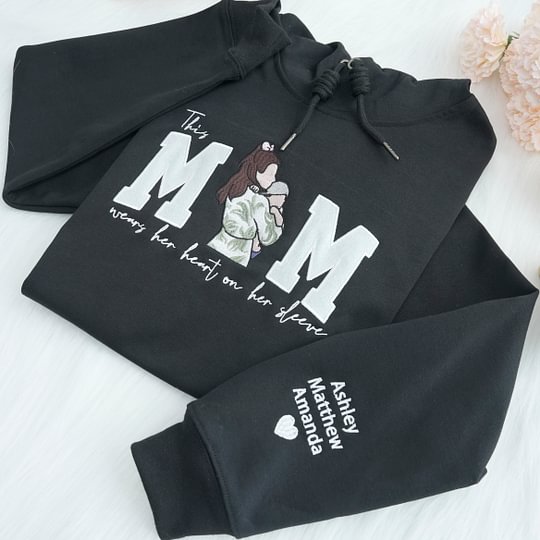 Mom Wears Her Heart on Her Sleeves Custom Glitter Mama Sweatshirt with Photo Gift for Mom Nana