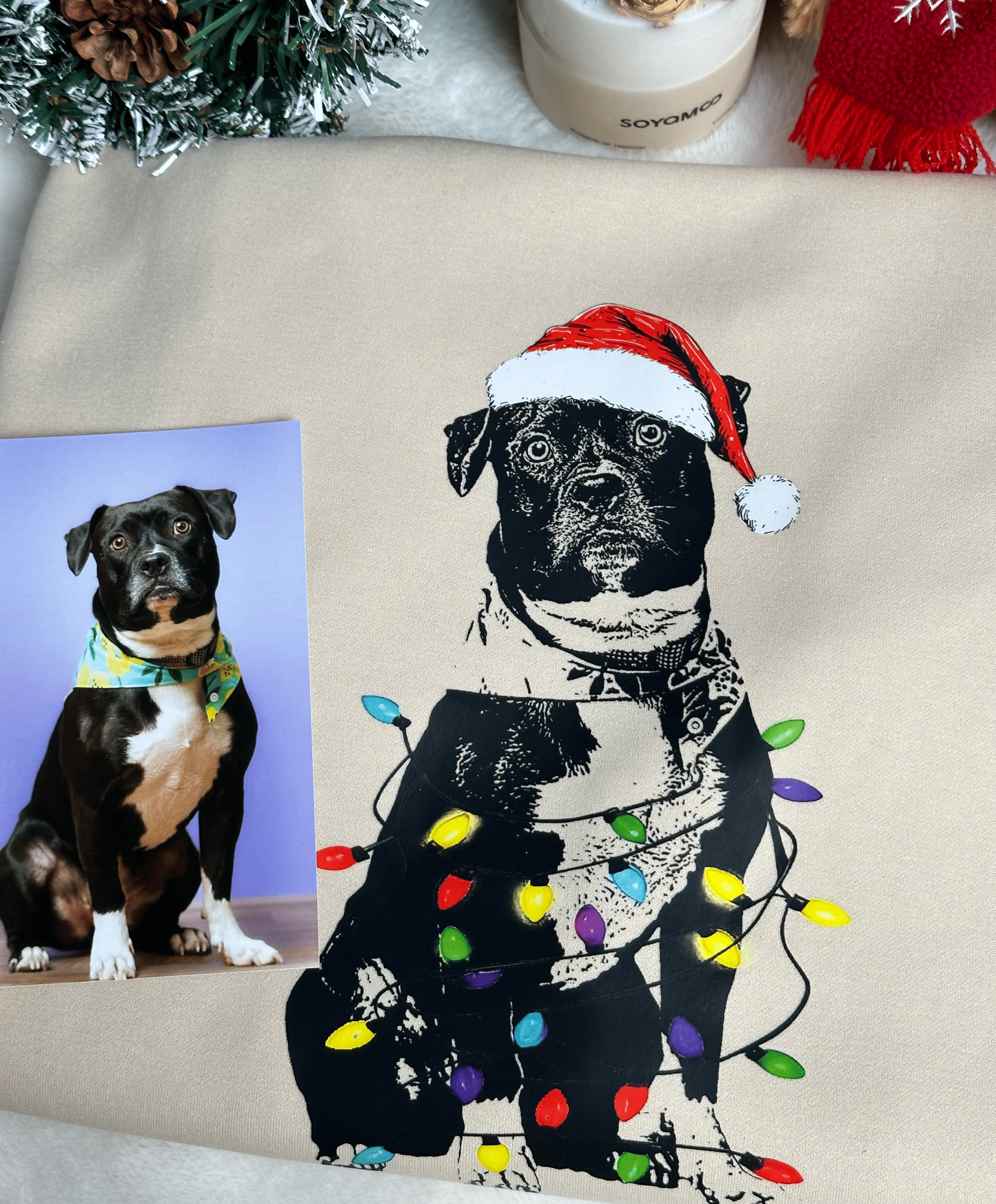 Custom Pet Christmas Crewneck with Santa Hat & Lights, Custom Dog Cat Graphic Tee