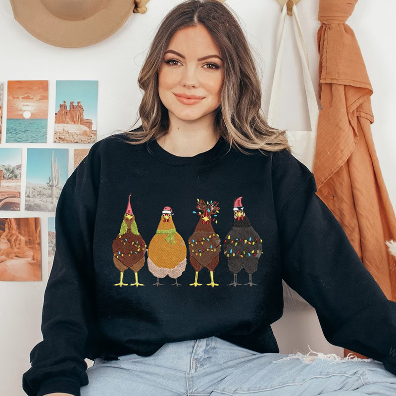 Embroidered Christmas Chicken Sweatshirt, Christmas Farm Animals Sweatshirts