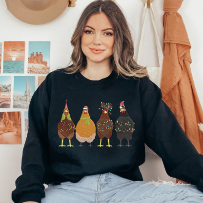 Embroidered Christmas Chicken Sweatshirt, Christmas Farm Animals Sweatshirts