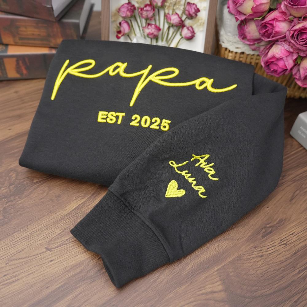 Custom 3D Embroidered Sweatshirt with Date and Kids Names on Sleeve, Gifts For Mama, Papa & Nana