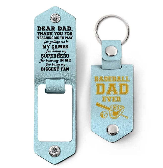 Custom Photo Dear Dad Thank You For Teaching Me - Birthday, Loving Gift For Baseball, Softball Father - Personalized Leather Photo Keychain-ilovevango