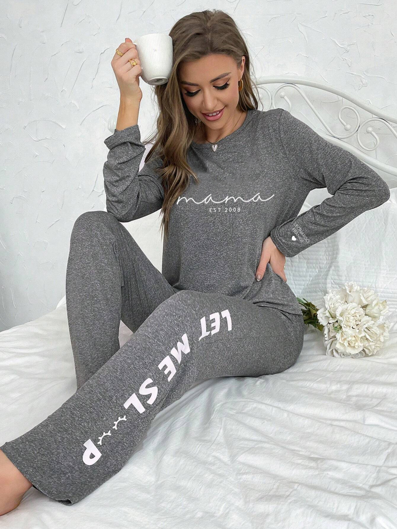 Custom Mama Letter Graphic Tee & Pants PJ Set, Personalized Pajama Set, Gift For Mom-ilovevango
