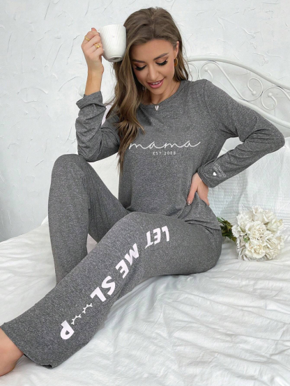 Custom Mama Letter Graphic Tee & Pants PJ Set, Personalized Pajama Set, Gift For Mom-ilovevango