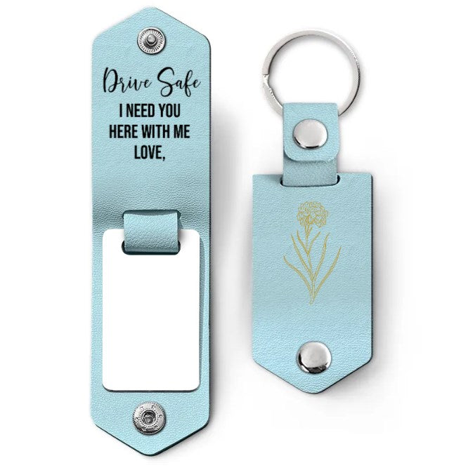 Custom Photo Birth Flower With Name Sketch - Gift For Her, Gift For Women - Personalized Leather Photo Keychain-ilovevango