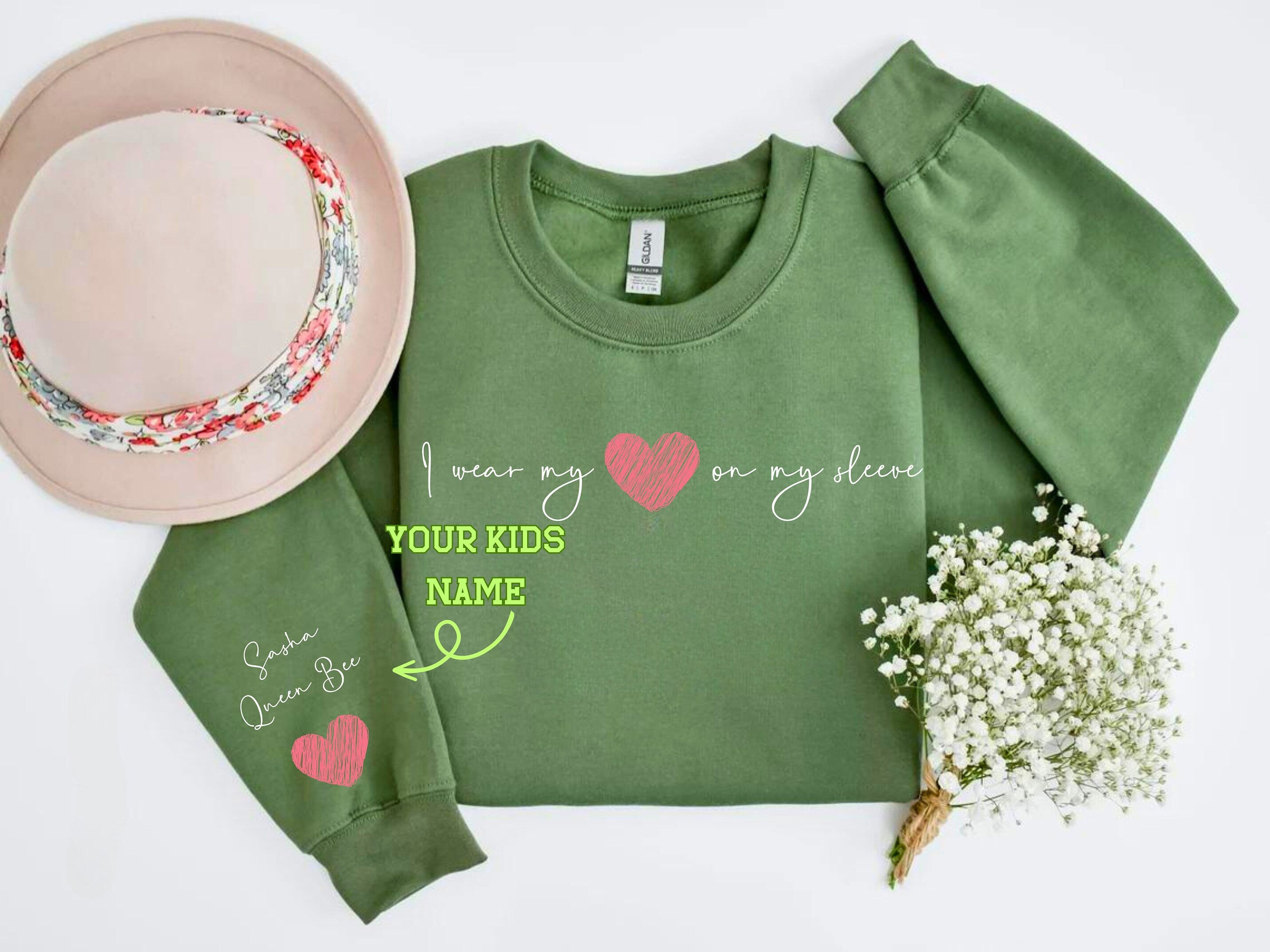 I Wear My Heart On My Sleeve - Family Personalized Custom Unisex Sweatshirt With Design On Sleeve - Gift For Mom, Grandma-ilovevango
