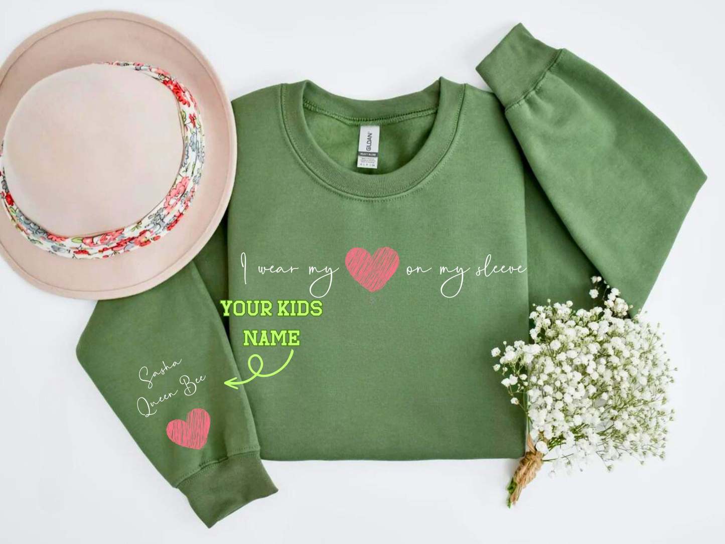 I Wear My Heart On My Sleeve - Family Personalized Custom Unisex Sweatshirt With Design On Sleeve - Gift For Mom, Grandma-ilovevango