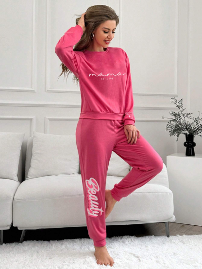 Personalized Mama Letter Graphic Tee & Plaid Print Pants Pajama Set, Custom Mama PJ Set with Kid Name On Sleeve, Mothers Day Gift-ilovevango