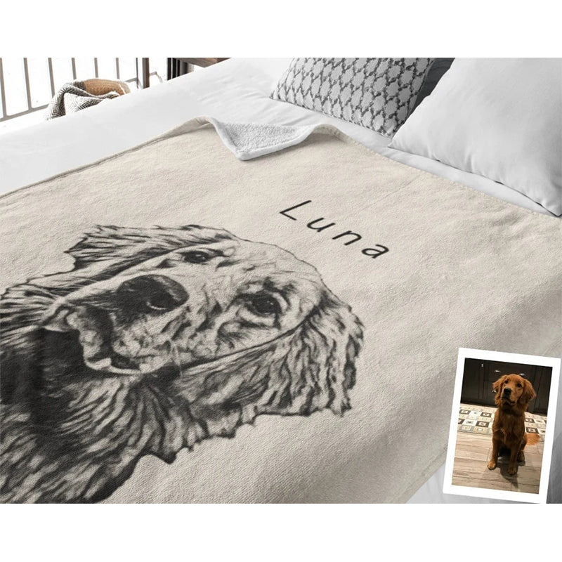 Custom Pet Pen Art Portrait Blanket, Personalized Dog Photo Throw Blanket, Dog Face and Name Blanket, Dog Lover Gift-ilovevango
