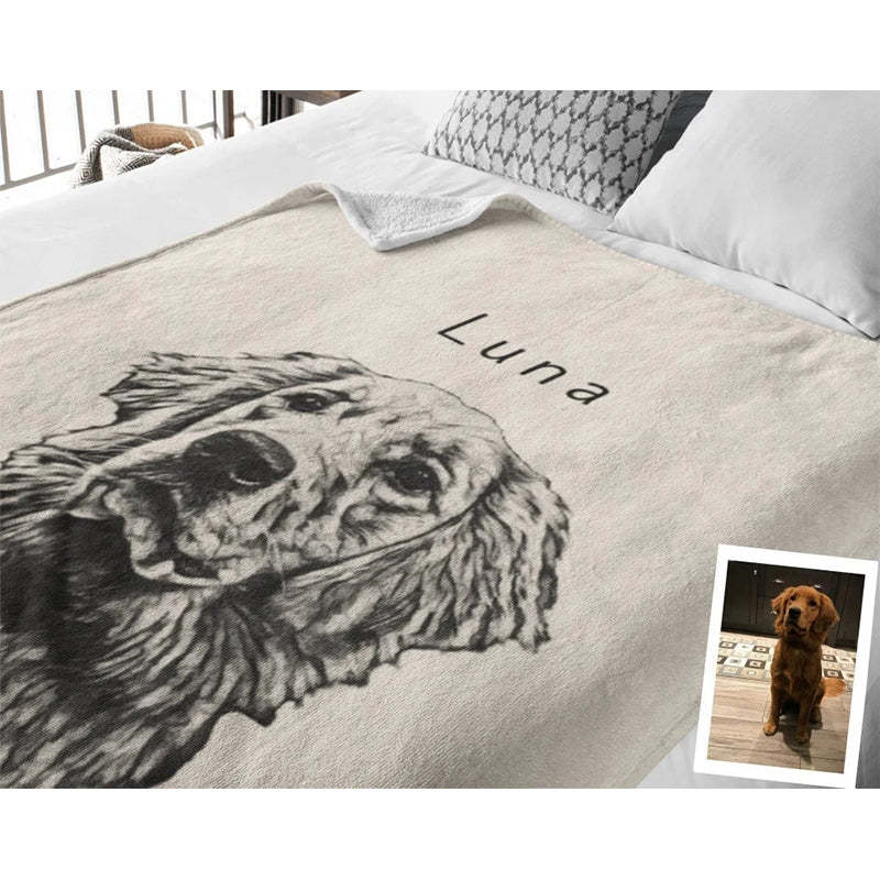 Custom Pet Pen Art Portrait Blanket, Personalized Dog Photo Throw Blanket, Dog Face and Name Blanket, Dog Lover Gift-ilovevango