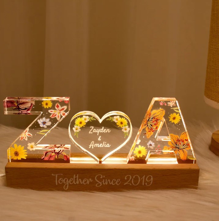 Couple Initial Letter, Flower Birth Month, Personalized LED Night Light