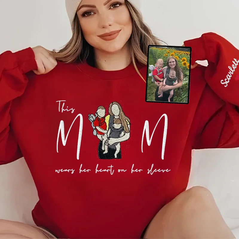 Mom Wears Her Heart On Her Sleeve Custom Photo Embroidered T-Shirt Crew Neck Hooded Sweatshirt