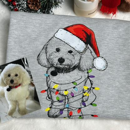 Custom Pet Christmas Crewneck with Santa Hat & Lights, Custom Dog Cat Graphic Tee