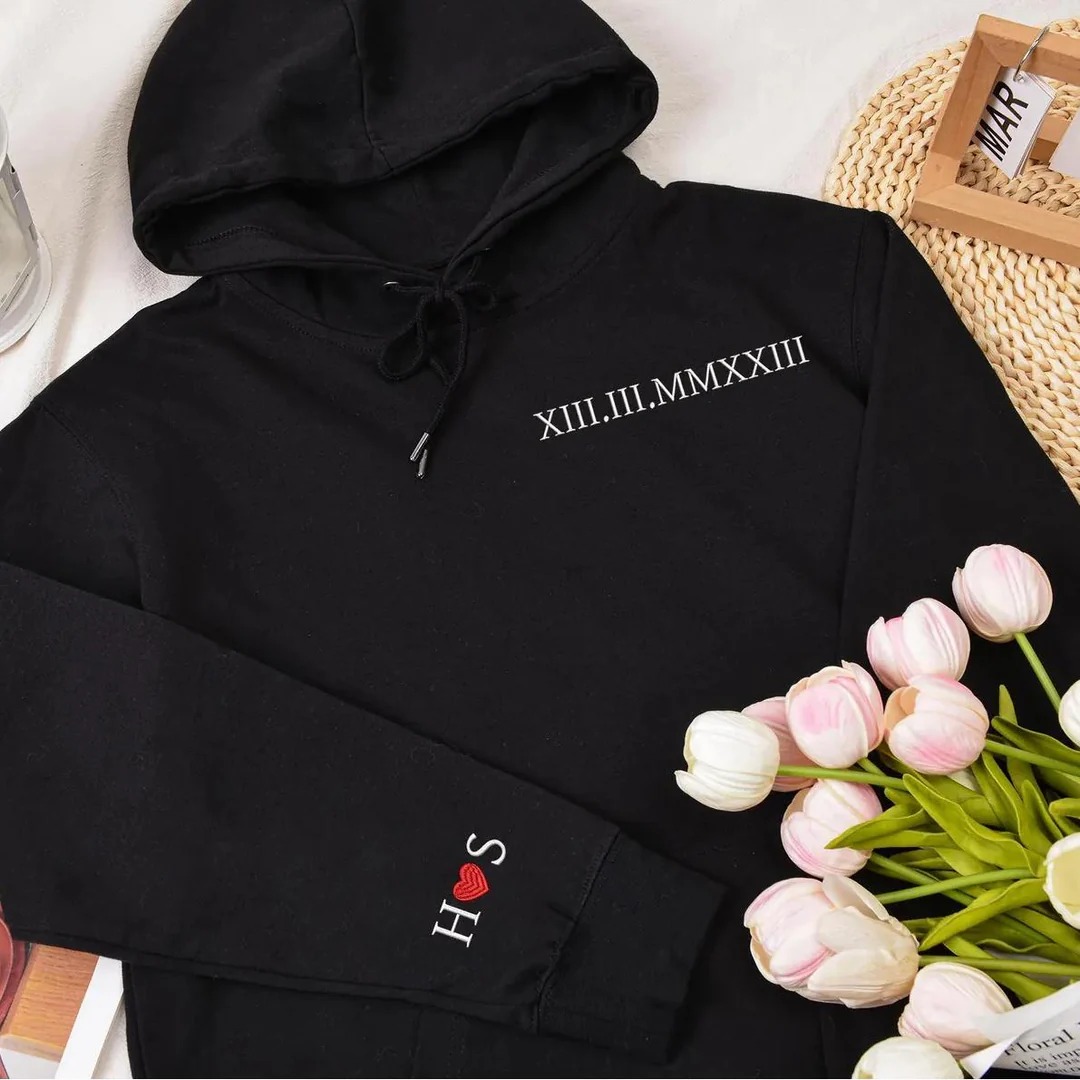 Custom Couple Sweatshirt with Embroidered Date and Roman Numerals