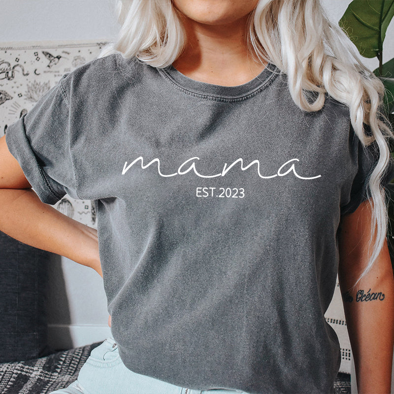 Personalised Chest Text Customization Mama Est Year T-shirt, with Children's Names on the Sleeve, Mother's Day Gift-ilovevango