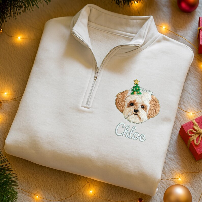 Custom Pet Portrait Embroidered Quarter Zip Christmas Sweatshirt