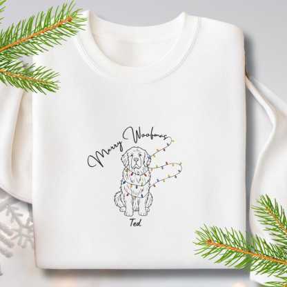 Merry Woofmas Custom Pet Embroidered Sweatshirt with Christmas Light Strings