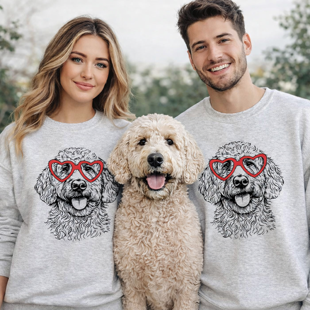 Custom Pet Valentine’s Day Sweatshirt - Personalized Dog/Cat Heart Glasses Graphic Crewneck
