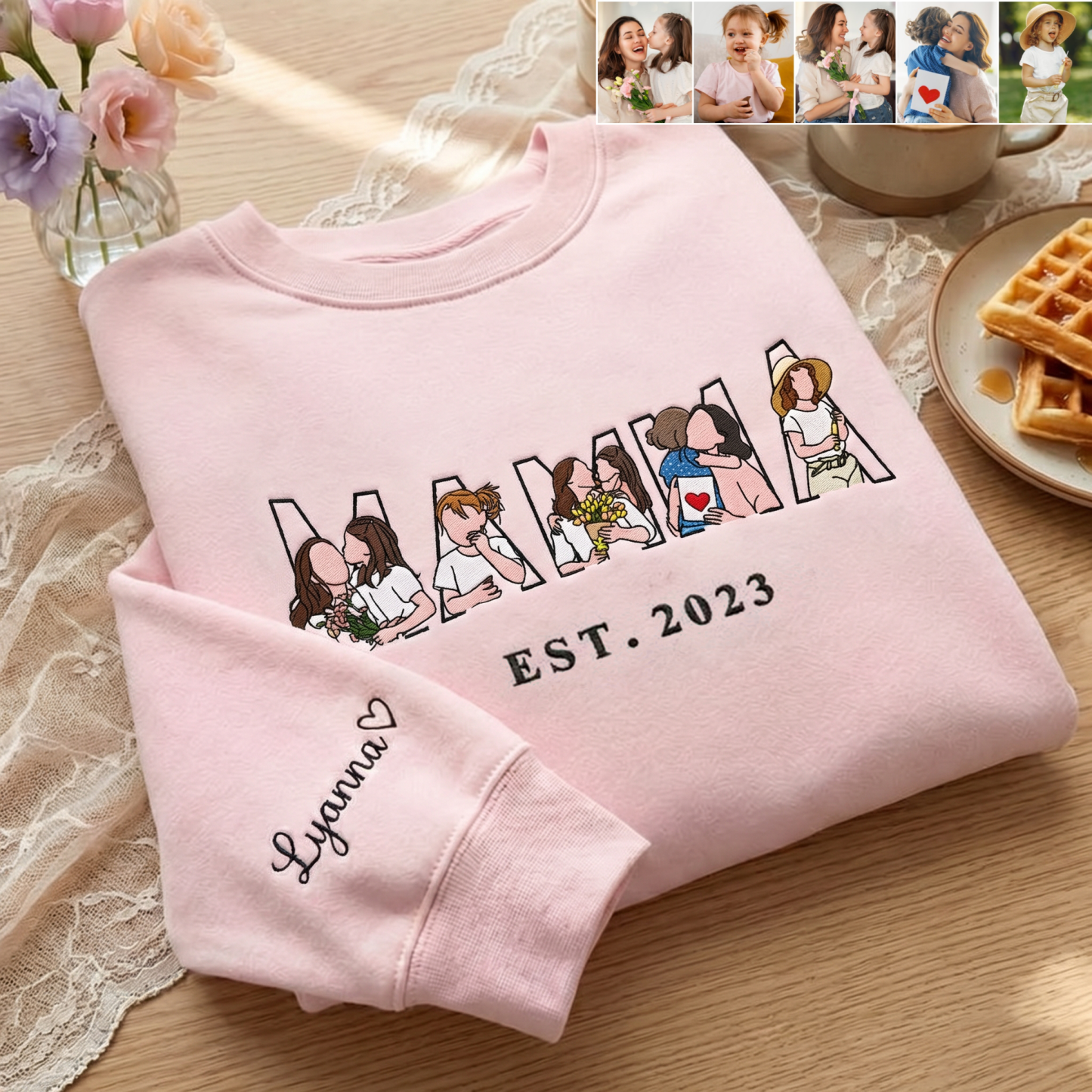 Pamaviva Embroidered Mama Sweatshirt with Multiple Portraits Custom Mama and Child Embroidery for Mother's Day Gift