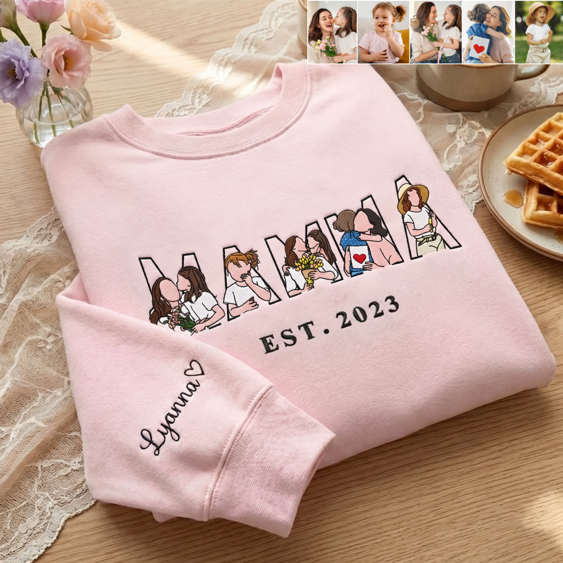 Pamaviva Embroidered Mama Sweatshirt with Multiple Portraits Custom Mama and Child Embroidery for Mother's Day Gift