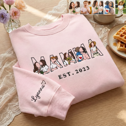 Pamaviva Embroidered Mama Sweatshirt with Multiple Portraits Custom Mama and Child Embroidery for Mother's Day Gift