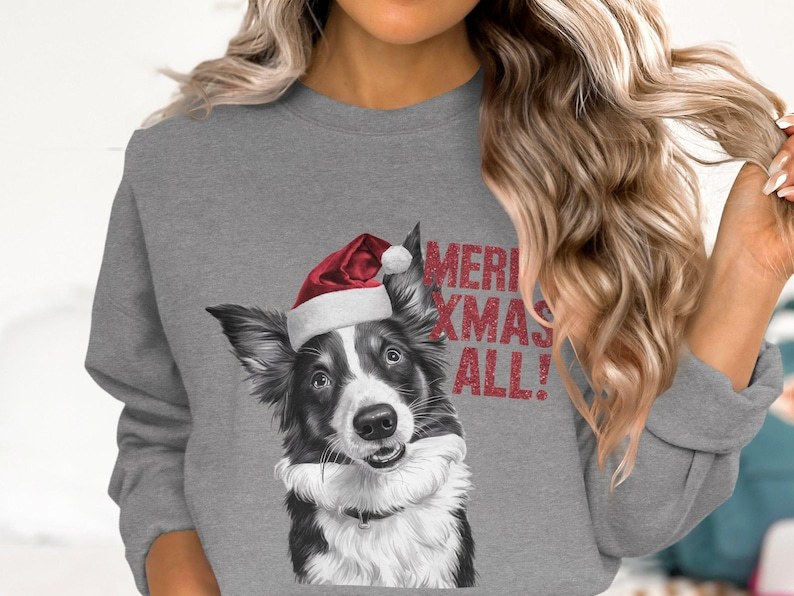 Custom Dog Face With Santa Hat Custom Glitter Text Christmas Sweatshirt Hoodie T-shirt