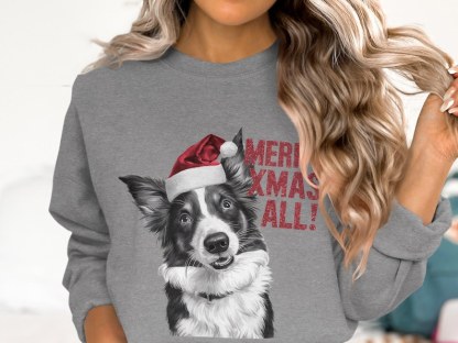 Custom Dog Face With Santa Hat Custom Glitter Text Christmas Sweatshirt Hoodie T-shirt