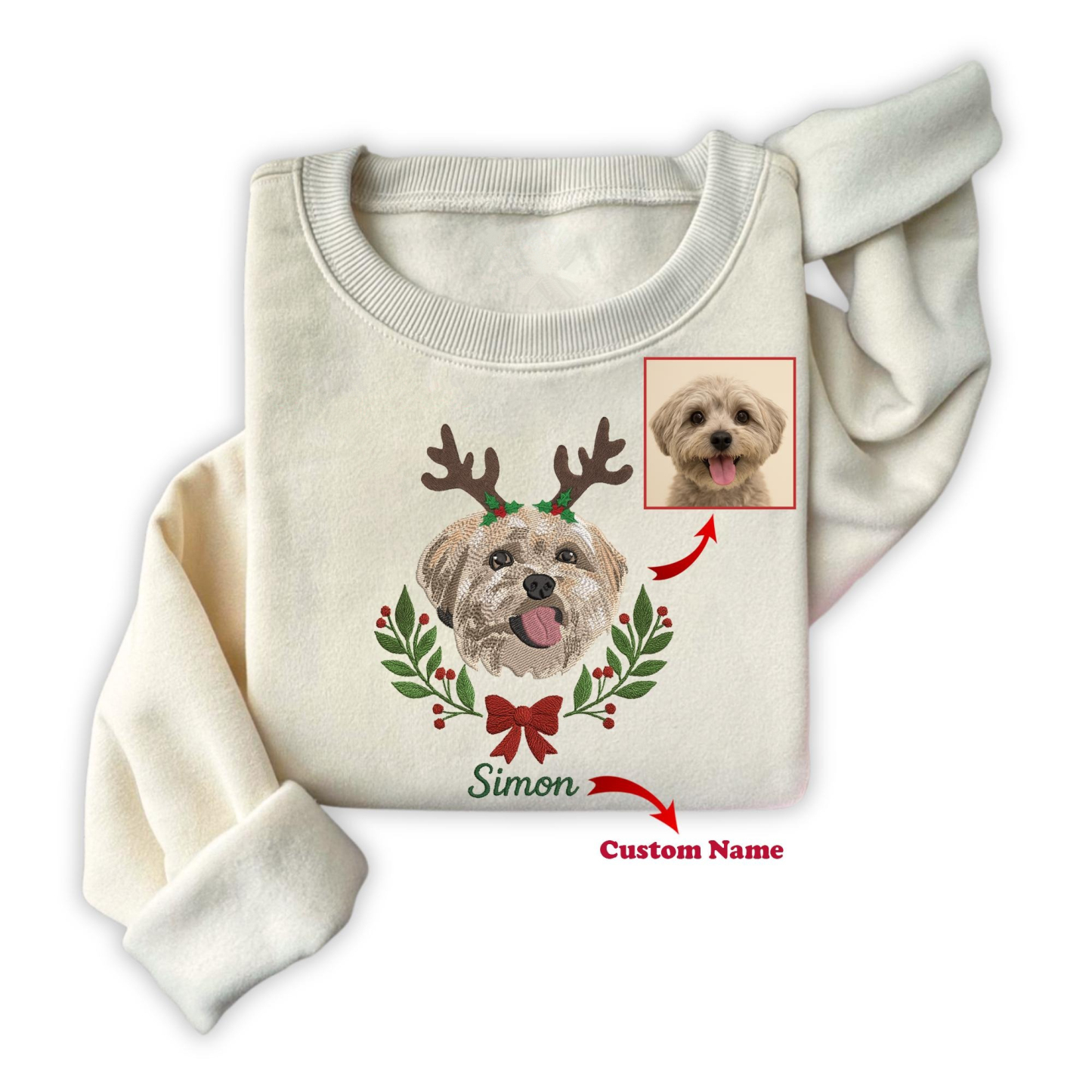 Custom Pet Embroidered Christmas Sweatshirt, Personalized Dog or Cat Portrait Crewneck