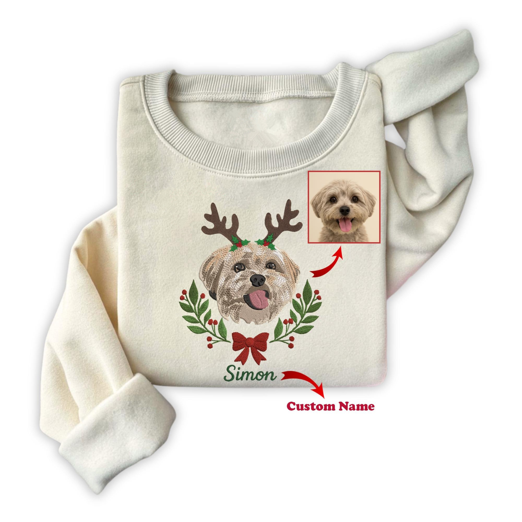 Custom Pet Embroidered Christmas Sweatshirt, Personalized Dog or Cat Portrait Crewneck