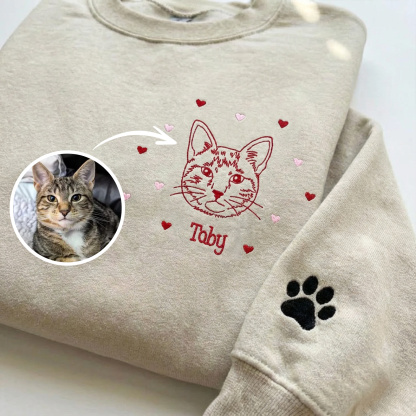 Custom Pet Portrait Embroidered Sweatshirt with Hearts Design, Valentine's Day Gift- Stylish Outline Style