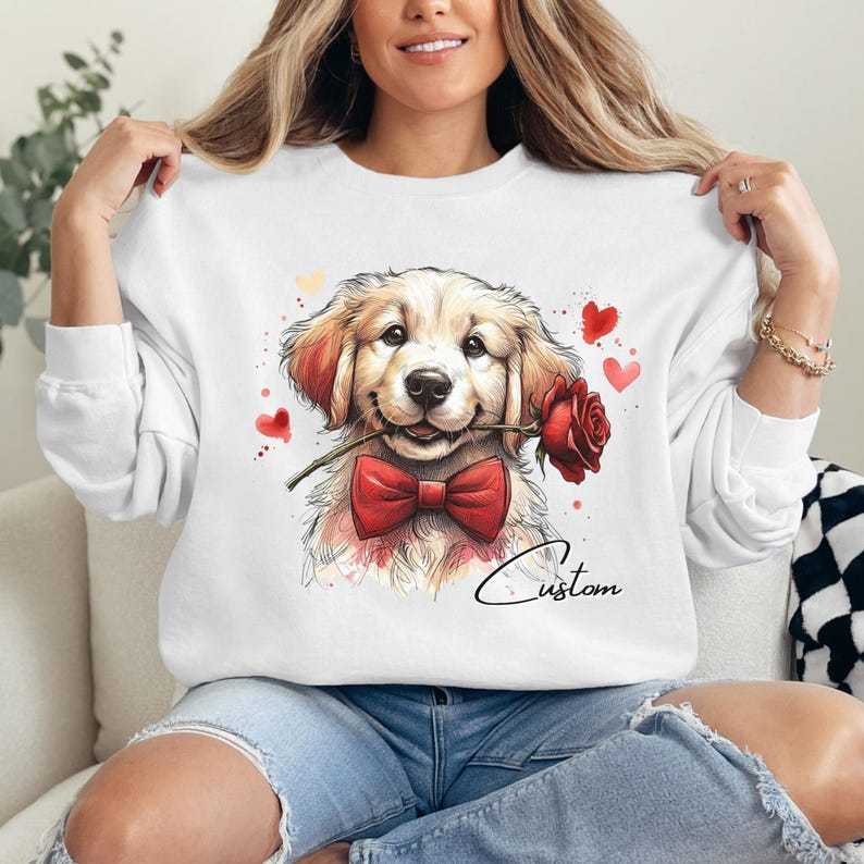 Custom Dog Photo with Rose Sweatshirt - Personalized Pet Valentine's Day Sweatshirt for Dog Mom