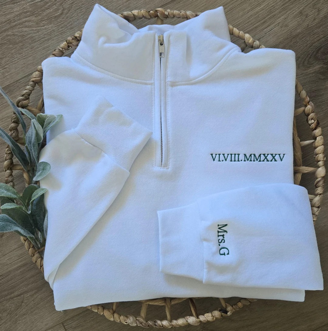 Custom Roman Numeral Embroidered Pullover with Quarter-Turn Zipper