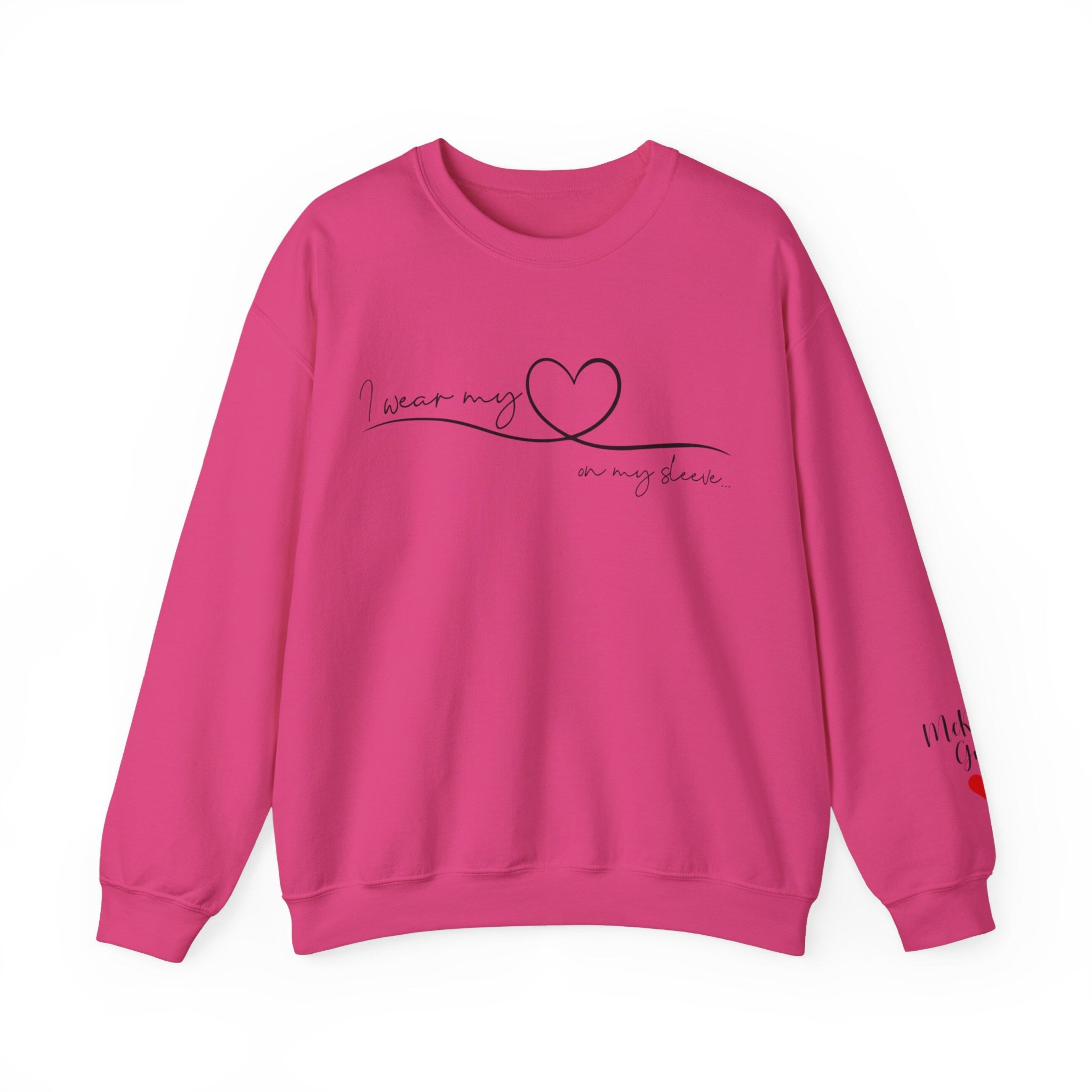 I Wear My Heart On My Sleeve Sweatshirt With Kid Names, Custom Mom Sweatshirt, Kids Names On Sleeve-ilovevango