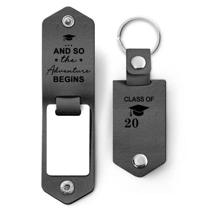 Custom Photo And So The Adventure Begins - Graduation Gift - Personalized Leather Photo Keychain