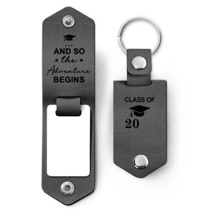 Custom Photo And So The Adventure Begins - Graduation Gift - Personalized Leather Photo Keychain