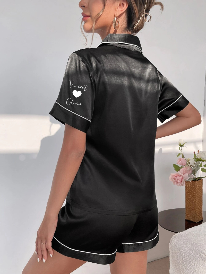 Personalized Print Women Pajamas Sleepwear Ice Silk Short Sleeve Top And Shorts, Custom Black Ice Silk Pajama Set Comfortable, Gift For Mom-ilovevango