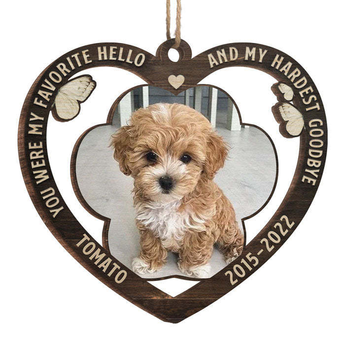 My Favorite Hello And My Hardest Goodbye - Personalized Custom Heart Shaped Wood Christmas Ornament