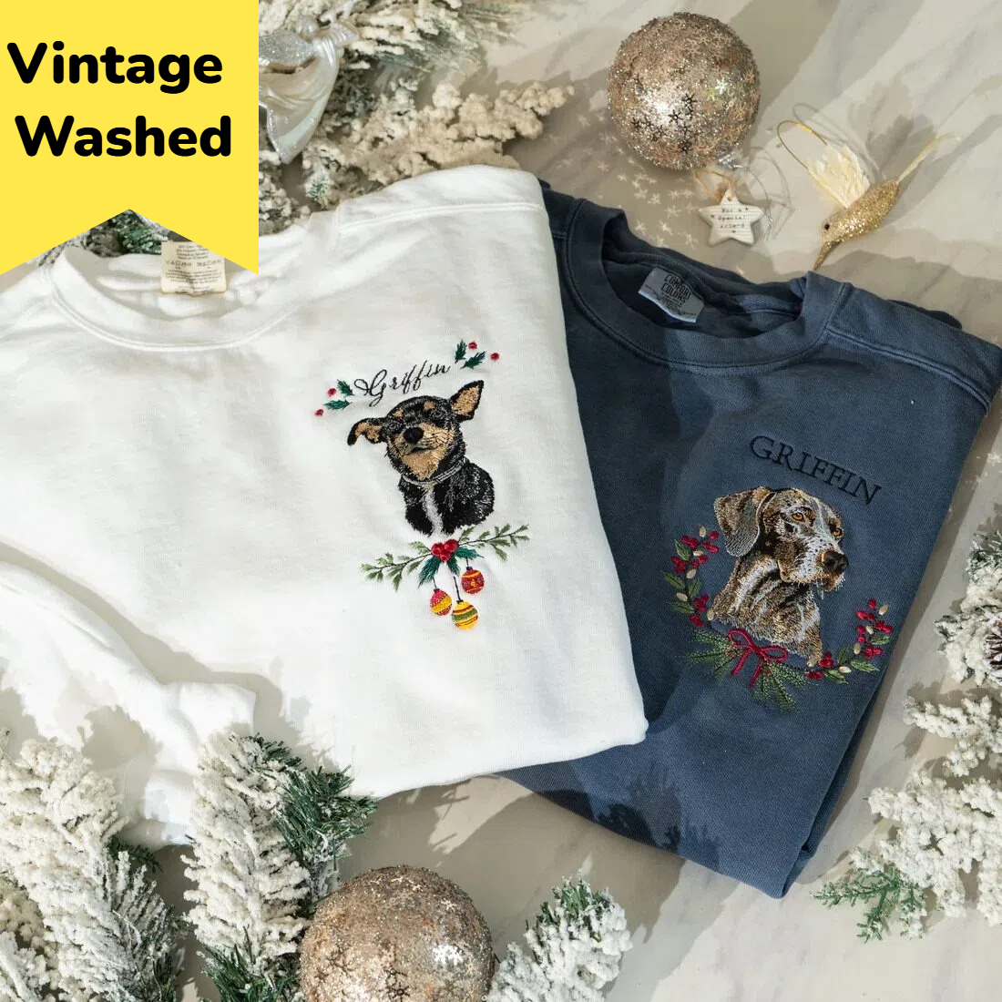 Custom Embroidered Pet Portrait Vintage Washed Sweatshirt T-Shirt, Christmas Pet Sweathsirt