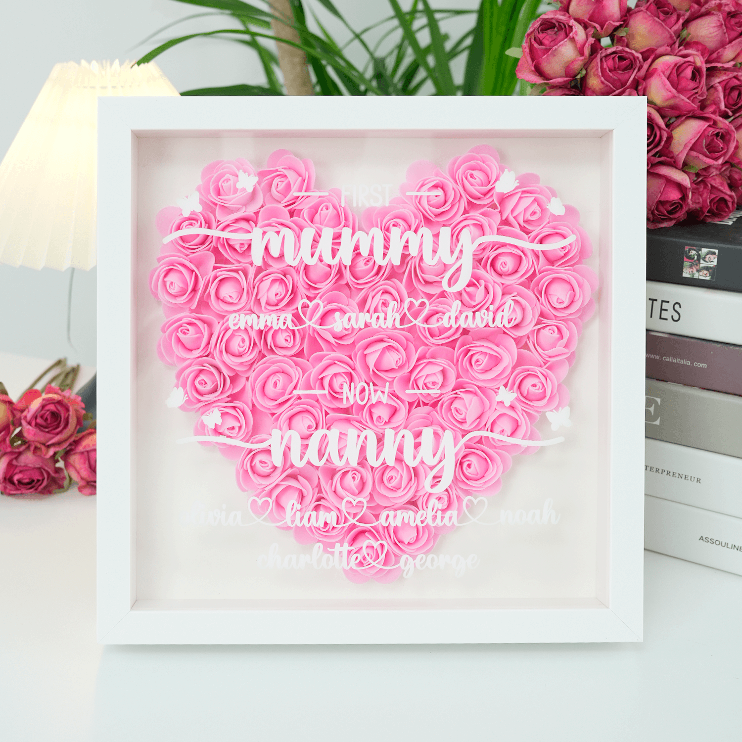 Personalized First Mum Now Grandma Flower Shadow Box, Shadowbox Heart Mom Frame Gift