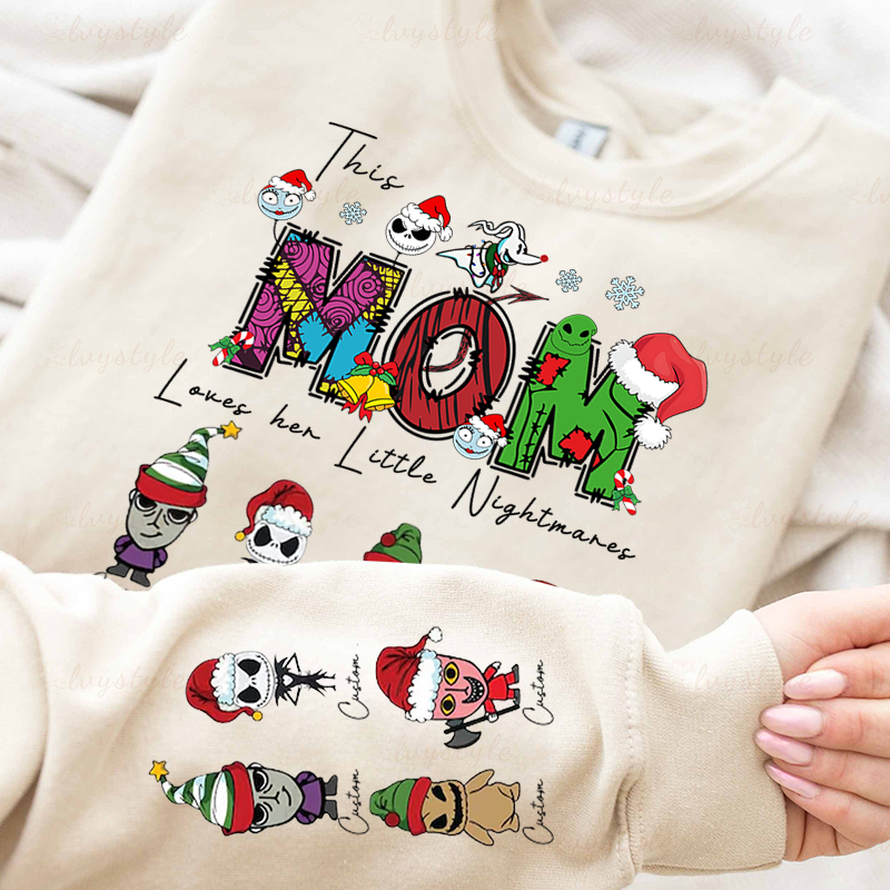 Personalized This Mom Loves Her Little Nightmares Sweatshirt, Custom Nightmare Christmas Mom Shirt With Kids Name, Christmas Family Gift