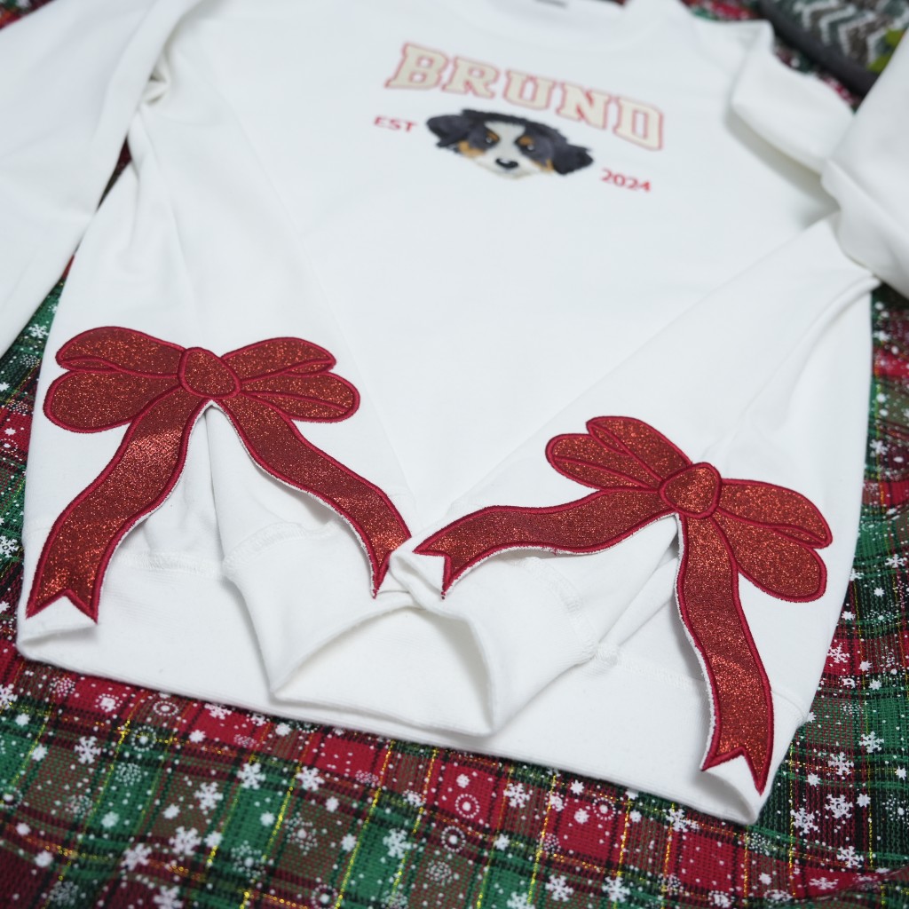 Custom Pet Portrait Embroidered Sweatshirt With Trendy Side Bow and Glitter