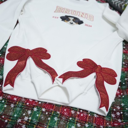 Custom Pet Portrait Embroidered Sweatshirt With Trendy Side Bow and Glitter