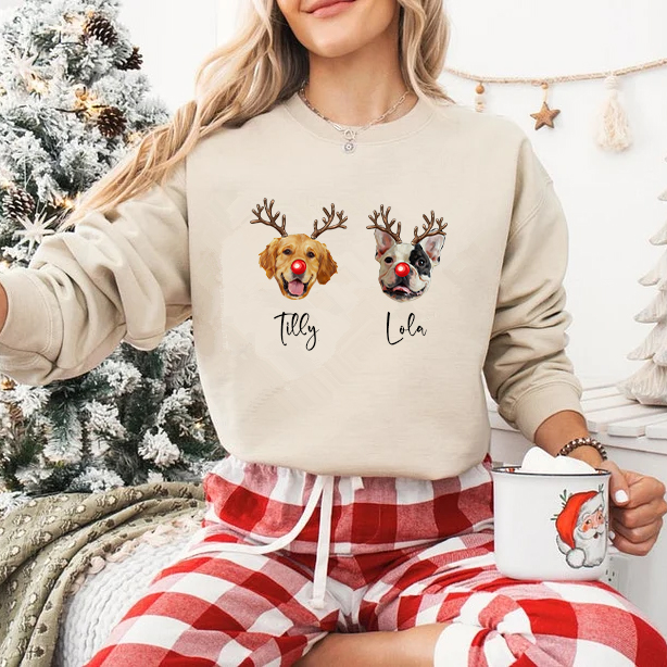 PetFiestas® Custom Multiple Pets Photo Christmas Sweatshirt, Funny Dog Reindeer Sweatshirt