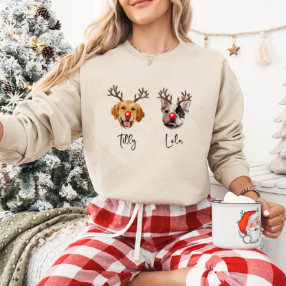 PetFiestas® Custom Multiple Pets Photo Christmas Sweatshirt, Funny Dog Reindeer Sweatshirt