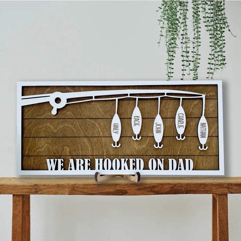 Personalized Fishing Rod Custom Family Name Wooden Frame for Dad-ilovevango