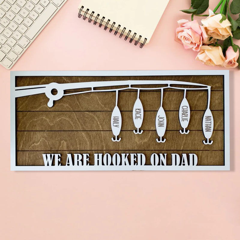 Personalized Fishing Rod Custom Family Name Wooden Frame for Dad-ilovevango