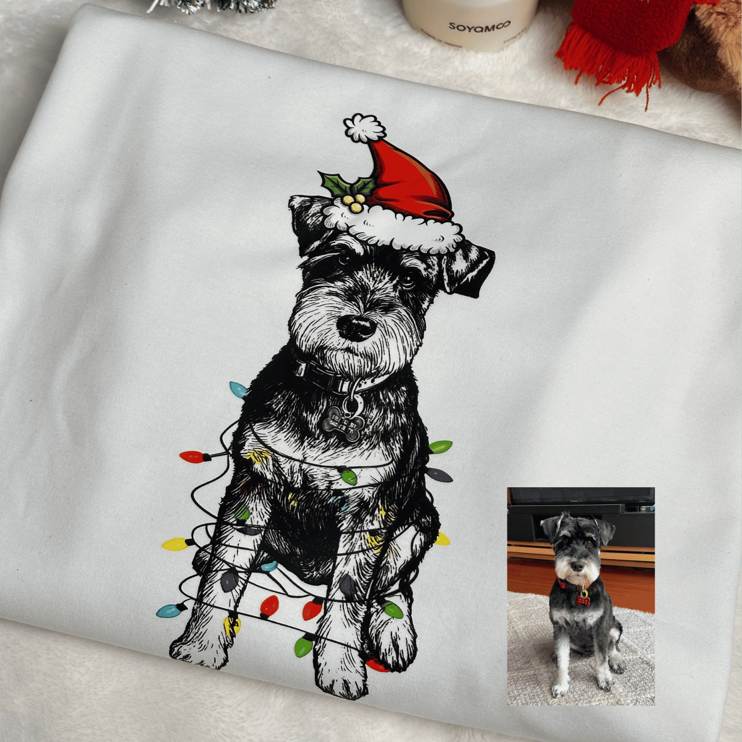 Custom Pet Christmas Crewneck with Santa Hat & Lights, Custom Dog Cat Graphic Tee